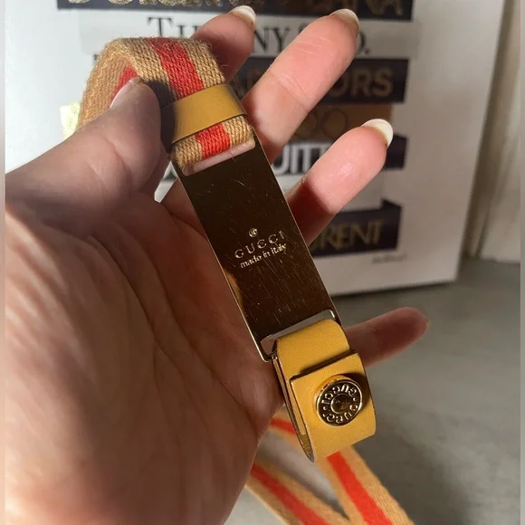 GUCCI TAN/RED ID LANYARD NECK STRAP STRIPED SHERRY LINE INTERLOCKING LEATHER - Picture 6 of 7